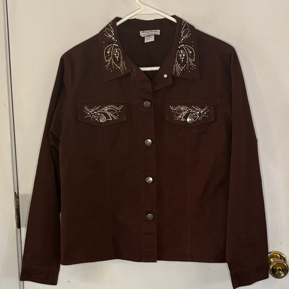 Christy Designs brown denim jean jacket with bling and studs Size Large